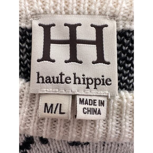 Haute Hippie Pullover Sweater Crewneck #animalcore Knit Cream Black Size M/L - Picture 3 of 7
